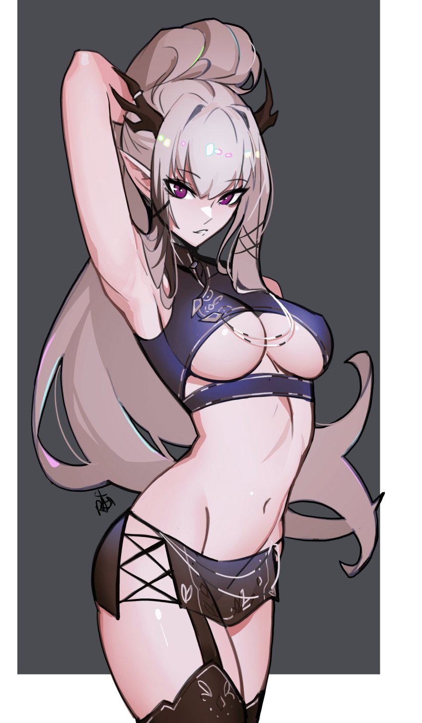 1girl absurdres antler_ring antlers armpits breasts brown_thighhighs commission distr grey_background grey_hair highres horns large_breasts long_hair looking_at_viewer microskirt navel original parted_lips ponytail presenting_armpit purple_hair signature skirt solo standing thighhighs underboob very_long_hair
