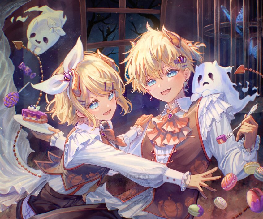 1boy 1girl absurdres ascot black_pants blonde_hair blue_butterfly border bow brown_vest bug butterfly cake cake_slice candy collared_shirt cross cross_earrings demon_horns earrings fang food fork furry ghost hair_between_eyes hair_bow hair_ornament hairband hairclip highres holding holding_fork horns insect jewelry kagamine_len kagamine_rin krw_iu000 lollipop macaron open_mouth orange_ascot outstretched_hand pants shirt short_hair smile upper_body vest vocaloid white_border white_hairband white_shirt wrapped_candy