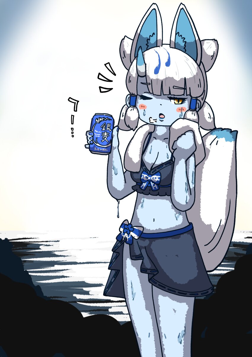 1girl absurdres alternate_costume animal_ears bikini black_bikini black_sarong blue_skin blue_trim blush bow bow_bikini can colored_skin cowboy_shot drink_can enokeyaki extra_ears fox_ears fox_girl fox_tail ginkaku_(kemono_friends) hair_tubes highres horns kemono_friends one_eye_closed quad_tails sarong short_hair short_twintails sidelocks single_horn slit_pupils solo sweat sweatdrop swimsuit tail towel towel_around_neck twintails water_drop wet white_hair yellow_eyes