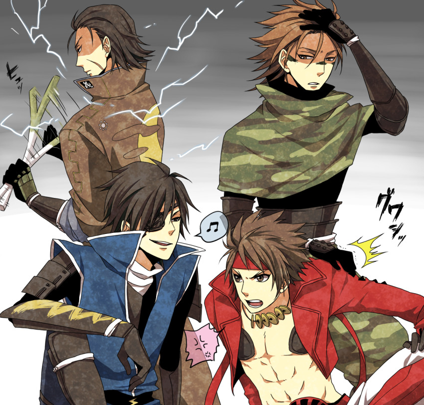4boys :d abs anger_vein black_gloves brown_coat brown_hair camouflage camouflage_pants clenched_teeth coat cropped_jacket date_masamune_(sengoku_basara) facepaint facial_scar gloves gradient_background grey_background hand_on_another&#039;s_shoulder iroha_(hoptempo) jacket jewelry katakura_kojuurou_(sengoku_basara) lightning male_focus multiple_boys musical_note necklace no_shirt open_mouth pants red_jacket sanada_yukimura_(sengoku_basara) sarutobi_sasuke_(sengoku_basara) scar scar_on_cheek scar_on_face sengoku_basara short_hair smile spoken_anger_vein spoken_musical_note spring_onion teeth toned toned_male white_background white_pants