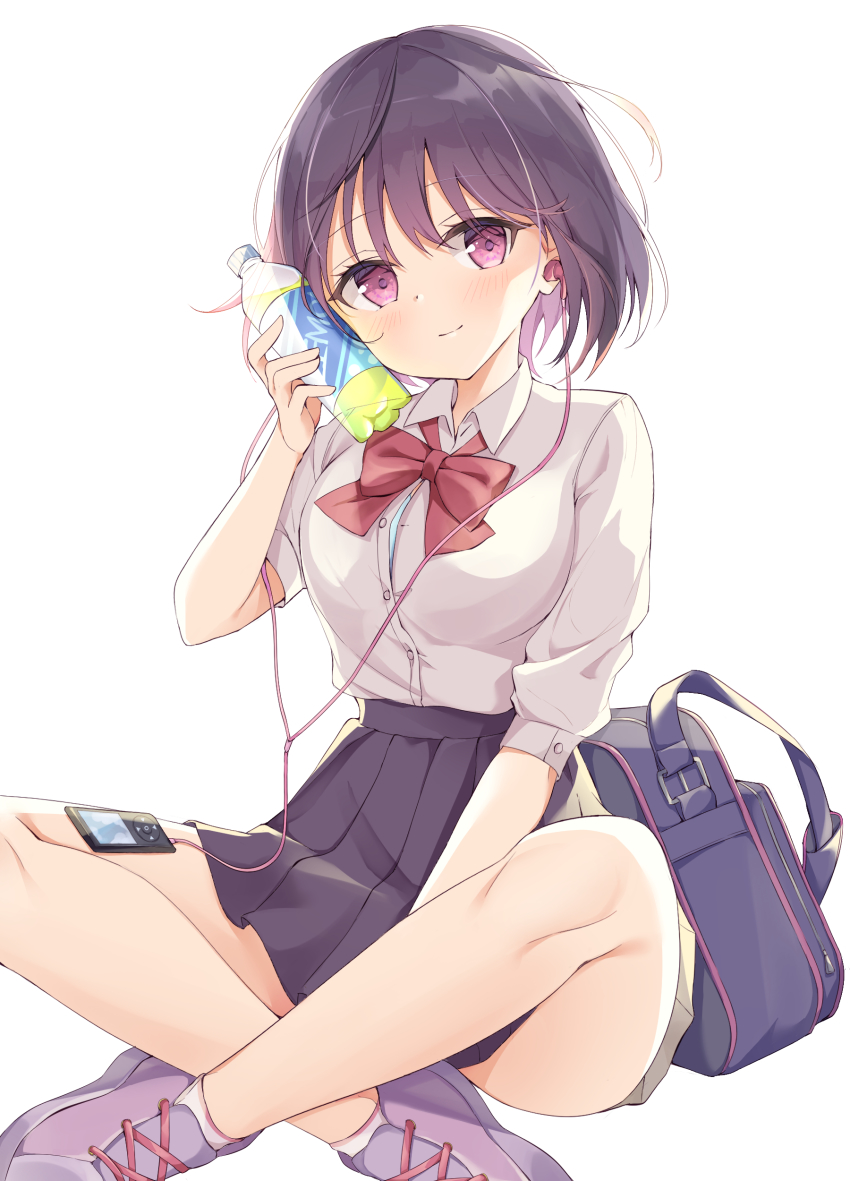 1girl absurdres bag bare_legs black_skirt blue_bra blush bottle bottle_to_cheek bow bowtie bra bra_peek button_gap closed_mouth collared_shirt commentary_request digital_media_player earphones female_focus highres holding holding_bottle indian_style ipod looking_at_viewer miniskirt original pleated_skirt poe_(528yuzunon) purple_eyes purple_footwear purple_hair red_bow red_bowtie school_bag school_uniform shirt short_hair short_sleeves simple_background sitting skirt smile solo underwear white_background white_shirt