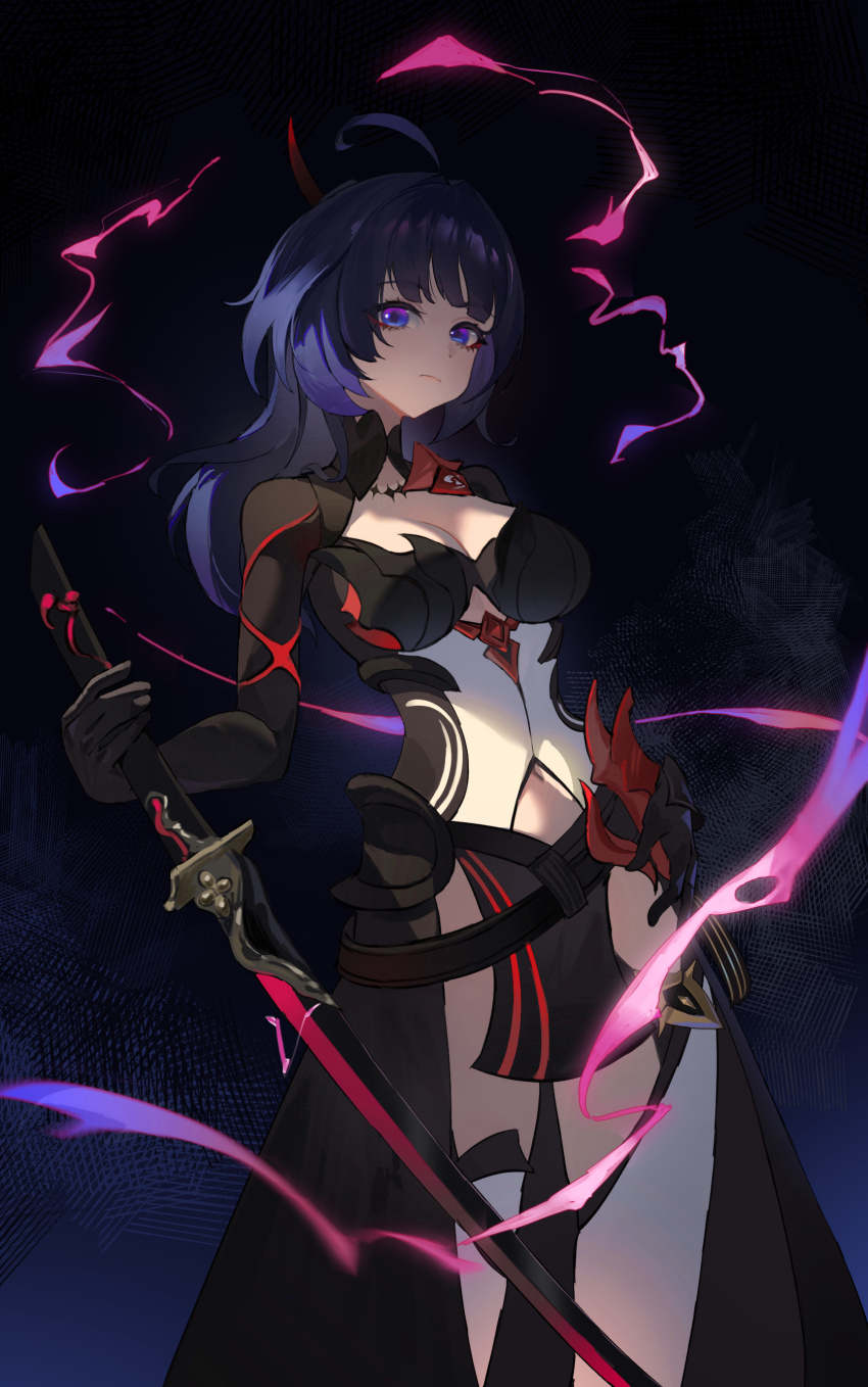 1girl absurdres ahoge black_background black_gloves breasts cleavage cleavage_cutout closed_mouth clothing_cutout gloves hashtag-only_commentary highres holding holding_sword holding_weapon honkai_(series) honkai_impact_3rd katana looking_at_viewer medium_breasts pelvic_curtain purple_eyes purple_hair raiden_mei raiden_mei_(danzai_spectramancer) raiden_mei_(orochi_cuirass) simple_background solo sword thighhighs weapon white_thighhighs yuan_zhen