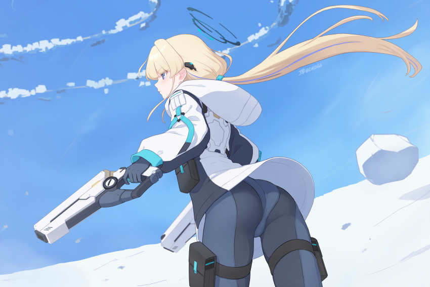 1girl ass blonde_hair blue_archive blue_bodysuit blue_halo blue_sky bodysuit dan_(kumadan) dual_wielding gun halo highres holding holding_gun holding_weapon holster hood hooded_jacket jacket long_hair low_ponytail ponytail profile revision sky solo thigh_holster toki_(blue_archive) very_long_hair weapon white_jacket
