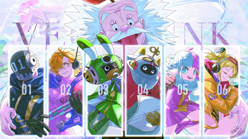 3girls 4boys absurdres ahoge black_gloves blonde_hair bodysuit boots character_name coat commentary crossed_arms dr._vegapunk eyelashes facial_hair gloves green_coat headphones helmet highres holding holding_paper hood hooded_coat jacket looking_at_viewer looking_to_the_side mechanical_arms multicolored_hair multiple_boys multiple_girls mustache mygiorni numbered one_piece open_mouth orange_jacket paper pink_bodysuit pink_hair profile sidelocks sleeping smile squeans tongue tongue_out twitter_username two-tone_hair vegapunk_atlas vegapunk_edison vegapunk_lilith vegapunk_pythagoras vegapunk_shaka vegapunk_york white_hair