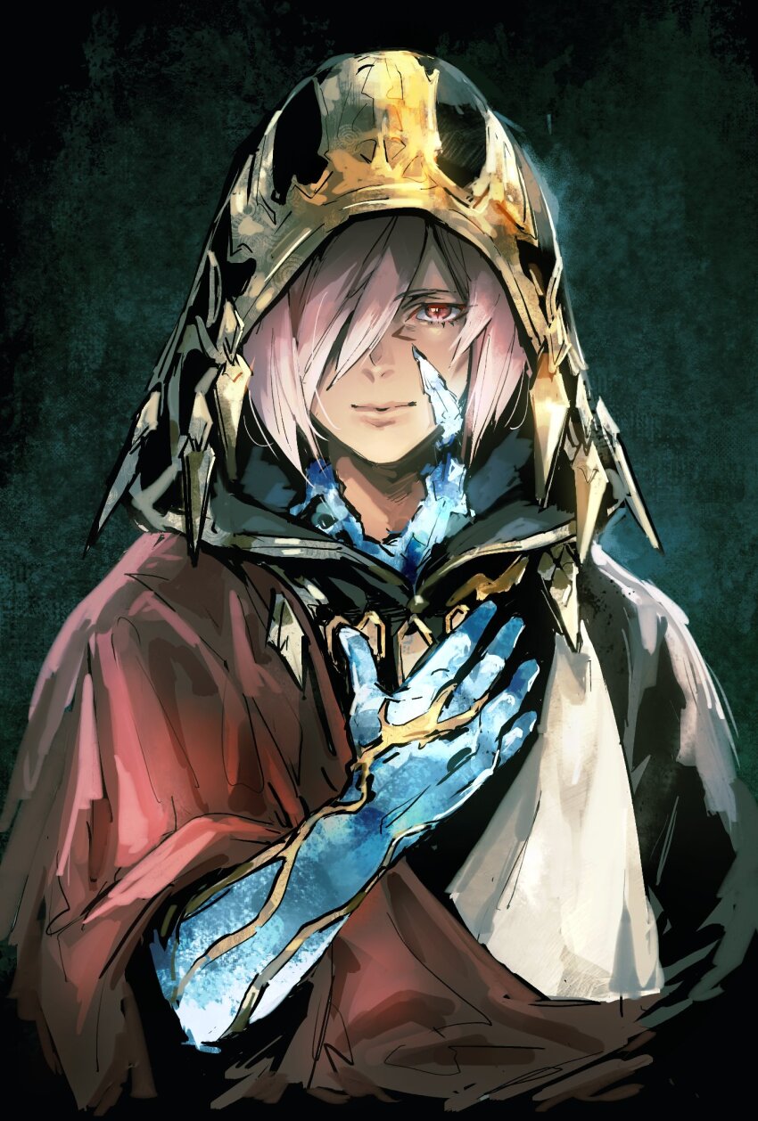 1boy closed_mouth commentary_request final_fantasy final_fantasy_xiv g&#039;raha_tia hair_over_one_eye hand_on_own_chest highres hood hood_up kin_mokusei looking_at_viewer male_focus material_growth one_eye_covered ornate_clothes pink_hair red_eyes red_robe robe smile solo upper_body