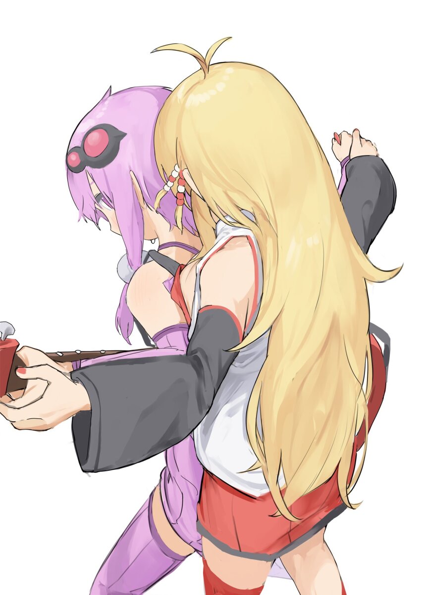 2girls antenna_hair bare_shoulders blonde_hair derivative_work dress feet_out_of_frame guitar hair_ornament hair_tubes highres holding holding_guitar holding_hands holding_instrument holding_plectrum instrument long_hair looking_at_viewer multiple_girls plectrum pocche-ex purple_dress purple_thighhighs red_skirt shirt sideways_glance simple_background skirt sleeveless sleeveless_shirt standing thighhighs tsurumaki_maki voiceroid white_background white_shirt yuzuki_yukari