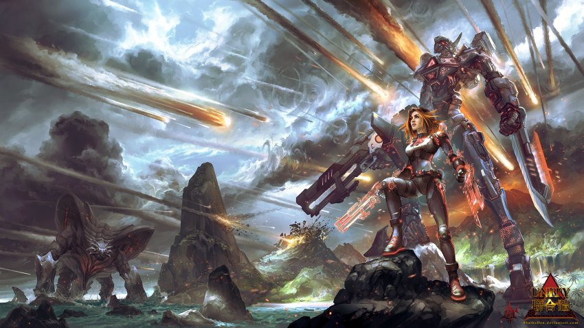 1girl alien arm_blade assault_rifle battle_rifle bodysuit breasts brown_hair cannon cloud cloudy_sky copyright_name cover cover_page daikaiju_(unity) destruction energy epic euphemia_williams explosion f-bomb-001 forest full_body giant giant_monster giant_robot glowing gun height_difference highres hologram holographic_interface island kaiju large_breasts long_hair mecha meteor monster mountain nature ocean official_art pilot_suit plant realistic red_hair rifle robot rock science_fiction sharksden shugoten size_difference sky smoke storm sword tree unity_(series) war water waving weapon wrist_blade