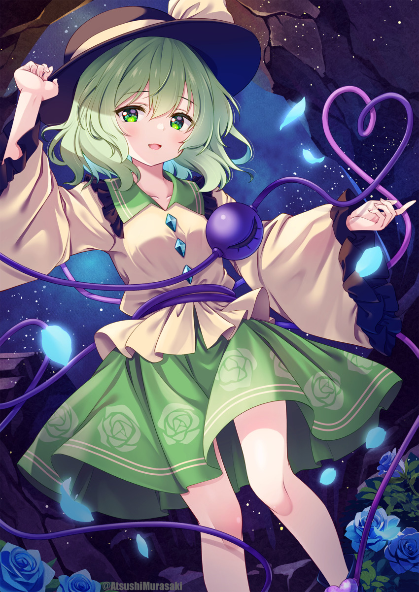 1girl black_hat blue_flower blue_rose blush collared_shirt feet_out_of_frame floral_print flower frilled_shirt_collar frilled_sleeves frills green_eyes green_hair green_skirt hair_between_eyes hat hat_ribbon heart heart_of_string highres komeiji_koishi long_sleeves looking_at_viewer murasaki_atsushi open_mouth petals pleated_skirt ribbon rose rose_petals rose_print shirt short_hair skirt smile solo third_eye touhou twitter_username wide_sleeves yellow_ribbon yellow_shirt