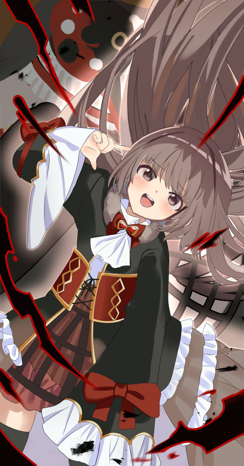 1girl :d absurdres black_lightning blush bow braid brown_eyes brown_hair commentary corset cowboy_shot doppel_(madoka_magica) dress finger_to_head frilled_skirt frills highres long_hair long_sleeves looking_at_viewer magia_record:_mahou_shoujo_madoka_magica_gaiden magical_girl mahou_shoujo_madoka_magica mahou_shoujo_madoka_magica_magia_exedra mizusaka_ney open_mouth pennen_nolde red_corset satomi_touka skirt smile solo soul_gem thighhighs