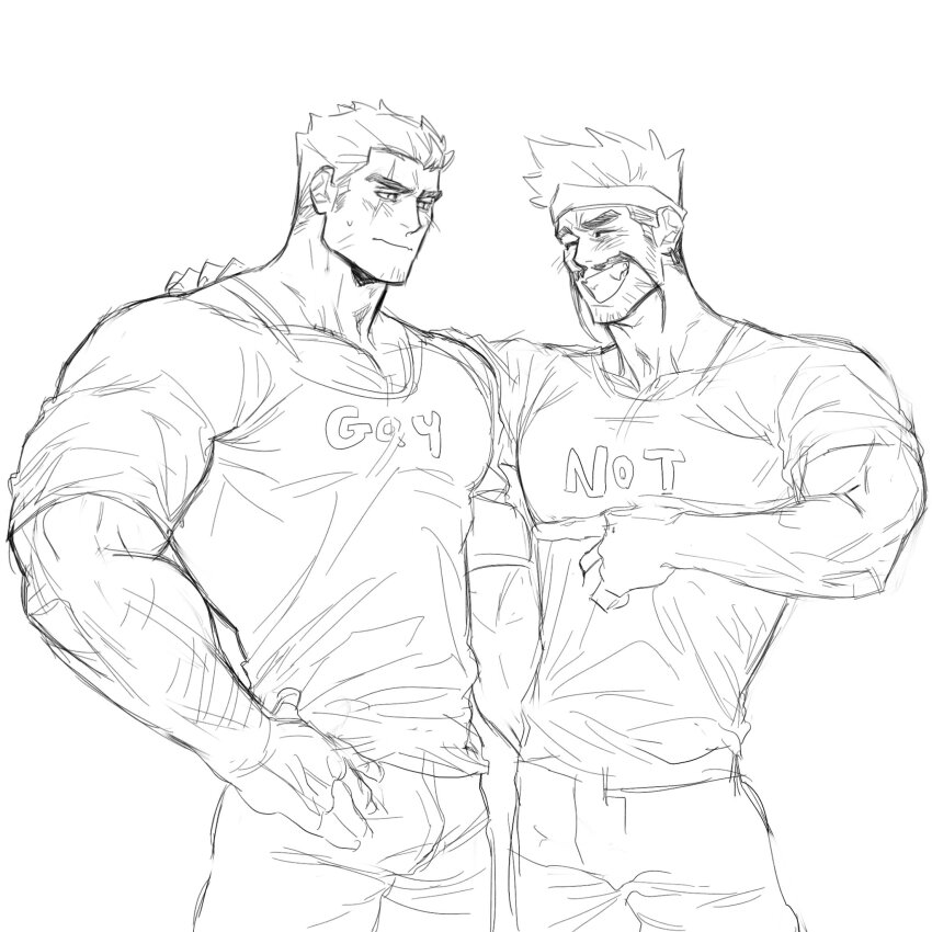 2boys alternate_costume bara beard_stubble blush clothes_writing cowboy_shot darius_(league_of_legends) draven embarrassed english_text facial_hair gay_shirt greyscale grin highres large_pectorals league_of_legends male_focus mature_male monochrome multiple_boys muscular muscular_male muyu_(muyu824127) pectoral_cleavage pectorals pointing pointing_at_another scar scar_across_eye scar_on_face shirt short_hair sketch smile sparse_arm_hair sparse_chest_hair standing stubble sweatdrop t-shirt thick_eyebrows wavy_mouth