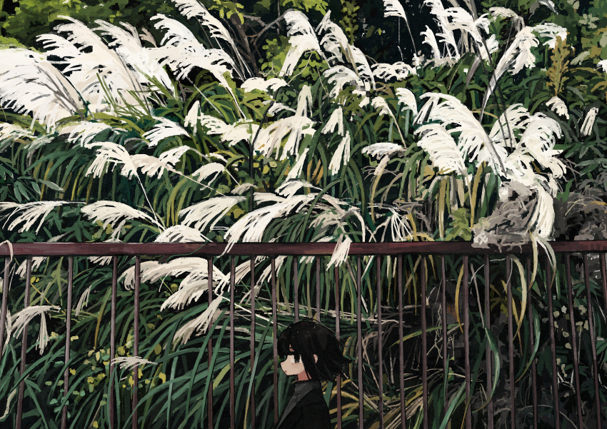 1girl absurdres black_eyes black_hair black_jacket day fence floating_hair from_side grey_shirt highres jacket long_bangs looking_at_viewer nature original outdoors plant profile scenery shirt short_hair sideways_glance solo susuki_grass tree turtleneck turtleneck_shirt uniunimikan upper_body