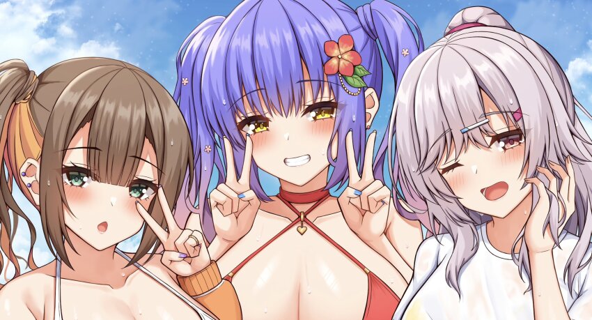 3girls :d ;d bare_shoulders bikini blue_hair blue_nails blue_sky blunt_bangs blush breasts bright_pupils brown_hair center-flap_bangs chestnut_mouth cleavage close-up collarbone commentary_request criss-cross_halter day double_v earrings eyelashes flower green_eyes grey_hair grin gyaru hair_between_eyes hair_flower hair_ornament hairclip halterneck hand_up hands_up happy highres jewelry kinoshita_kaede kohibari_kurumi large_breasts leaf_hair_ornament long_hair looking_at_viewer multicolored_hair multiple_girls nail_polish one_eye_closed open_mouth orange_hair outdoors ponytail red_bikini red_eyes red_flower ryakusun shiraishi_chika shirt short_sleeves side_ponytail sky smile stud_earrings sweat swimsuit tenshi_souzou_re-boot! tsurime twintails two-tone_hair v white_shirt yellow_eyes yellow_nails