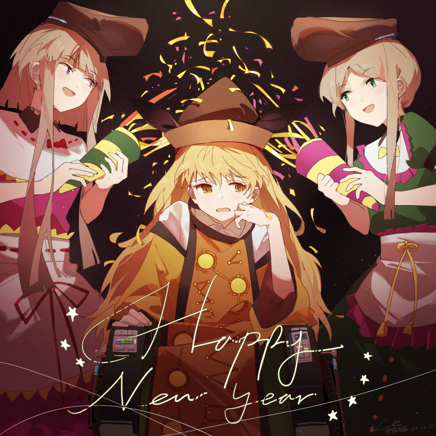 3girls apron black_background blonde_hair bow brown_hair brown_headwear cape chair collar confetti detached_sleeves dress green_dress green_eyes green_sleeves hair_between_eyes hako_(misheyes) hand_up hands_up hat highres long_hair long_sleeves looking_at_another matara_okina multiple_girls nishida_satono open_mouth orange_cape orange_sleeves pink_dress pink_sleeves puffy_short_sleeves puffy_sleeves purple_eyes red_bow shirt short_hair short_sleeves signature silver_hair simple_background sitting standing star_(symbol) sun_symbol teireida_mai touhou white_apron white_collar white_shirt yellow_bow yellow_eyes