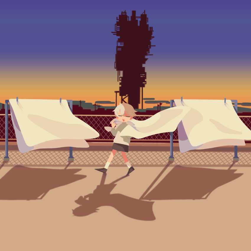 1girl bed_sheet black_skirt building chain-link_fence closed_eyes clothes_pin cloud facing_viewer fence gradient_sky grey_sweater hands_up highres holding holding_sheet laundry laundry_pole long_sleeves open_mouth orange_sky outdoors over_shoulder playing purple_sky rooftop shadow shoes short_hair silhouette skirt sky skyline smile socks solo suyazzz_(soyoyon) sweater twilight walking white_hair white_socks wide_shot wind withers yakitsuki_(withers)