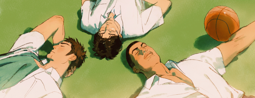 3boys absurdres akagi_takenori arm_behind_head ball basketball_(object) black_hair brown_hair buzz_cut chengongzi123 closed_eyes closed_mouth collared_shirt glasses green_background green_shirt highres kogure_kiminobu lying male_focus mitsui_hisashi multiple_boys on_back rimless_eyewear scar scar_on_chin scar_on_face shirt short_hair simple_background slam_dunk_(series) smile thick_lips upper_body very_short_hair white_shirt
