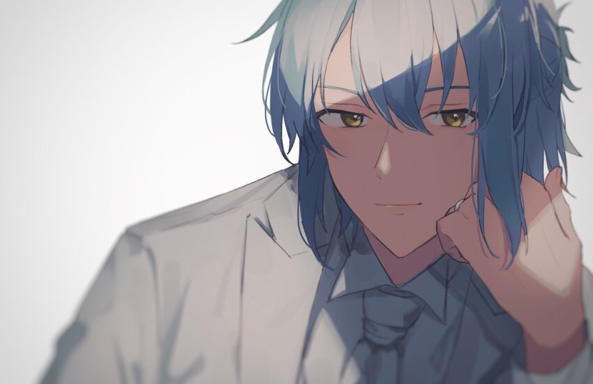 1boy blue_hair closed_mouth collared_shirt formal_clothes half_updo head_rest highres jacket jewelry light_blue_hair long_sleeves looking_at_viewer mahoutsukai_no_yakusoku male_focus neckerchief nero_turner piza-chan ponytail ring shirt short_hair short_ponytail smile solo white_background white_jacket white_neckerchief white_shirt yellow_eyes