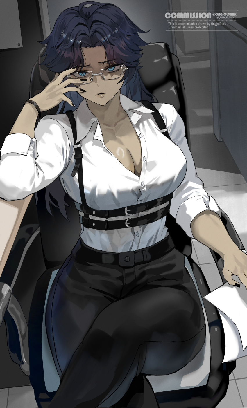1girl absurdres arm_rest black_nails black_pants blue_eyes blue_hair borrowed_character breasts chair character_request chest_harness cleavage collared_shirt commentary commission crossed_legs curtained_hair dress_shirt english_commentary feet_out_of_frame glasses grey-framed_eyewear hand_on_own_face harness highres indoors jellyfish_cut large_breasts long_hair looking_at_viewer office original pants park_ongjol parted_bangs partially_unbuttoned raised_inner_eyebrows rimless_eyewear shirt shirt_tucked_in sitting solo swivel_chair tile_floor tiles tsurime wristband