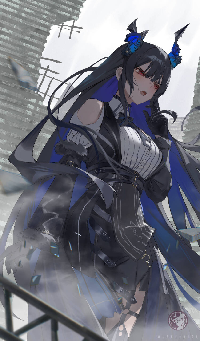 1girl abroccoli absurdres angry artist_name asymmetrical_horns black_bow black_bowtie black_gloves black_hair black_skirt blue_hair bow bowtie center-flap_bangs clothing_cutout colored_inner_hair cowboy_shot d: demon_horns feather-trimmed_sleeves floating_hair gloves hand_up highres hololive hololive_english horns long_hair looking_ahead multicolored_hair nerissa_ravencroft nerissa_ravencroft_(1st_costume) open_mouth pencil_skirt red_eyes ribbed_shirt ruins shirt shoulder_cutout skirt solo teeth thigh_strap underbust uneven_horns upper_teeth_only v-shaped_eyebrows very_long_hair vest virtual_youtuber waistcoat watermark white_shirt
