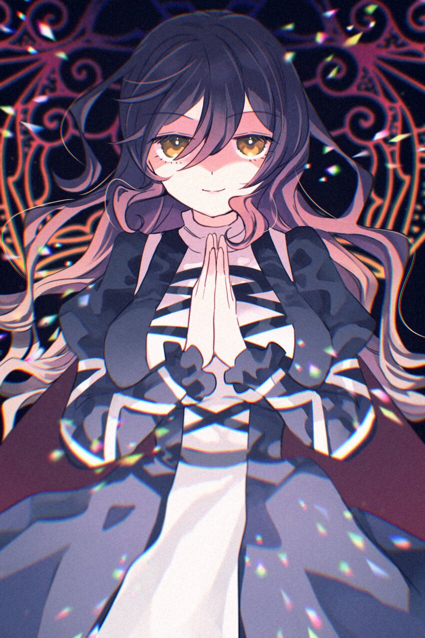 1girl blonde_hair breasts dress gradient_hair highres hijiri_byakuren katsuragi_atori layered_dress long_hair long_sleeves multicolored_hair puffy_long_sleeves puffy_sleeves purple_hair smile solo touhou two-tone_hair white_dress yellow_eyes