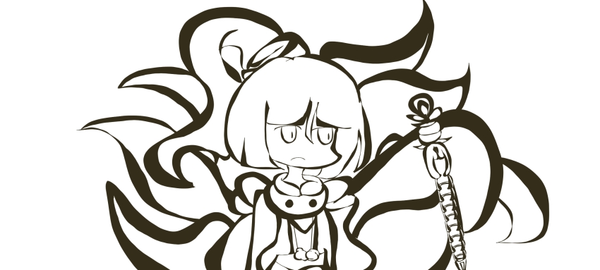 1other adagumo_no_yaorochi androgynous blunt_bangs bottle_opener cape chinese_commentary closed_mouth commentary_request double-parted_bangs frown guodongpaofu hair_between_eyes hair_ornament hair_scrunchie high_side_ponytail highres japanese_clothes jinbaori kimono len&#039;en lineart long_hair long_sleeves multiple_tails other_focus pom_pom_(clothes) prehensile_tail scarf scrunchie short_kimono simple_background snake_tail solo sword_of_kusanagi tail tasouken upper_body white_background