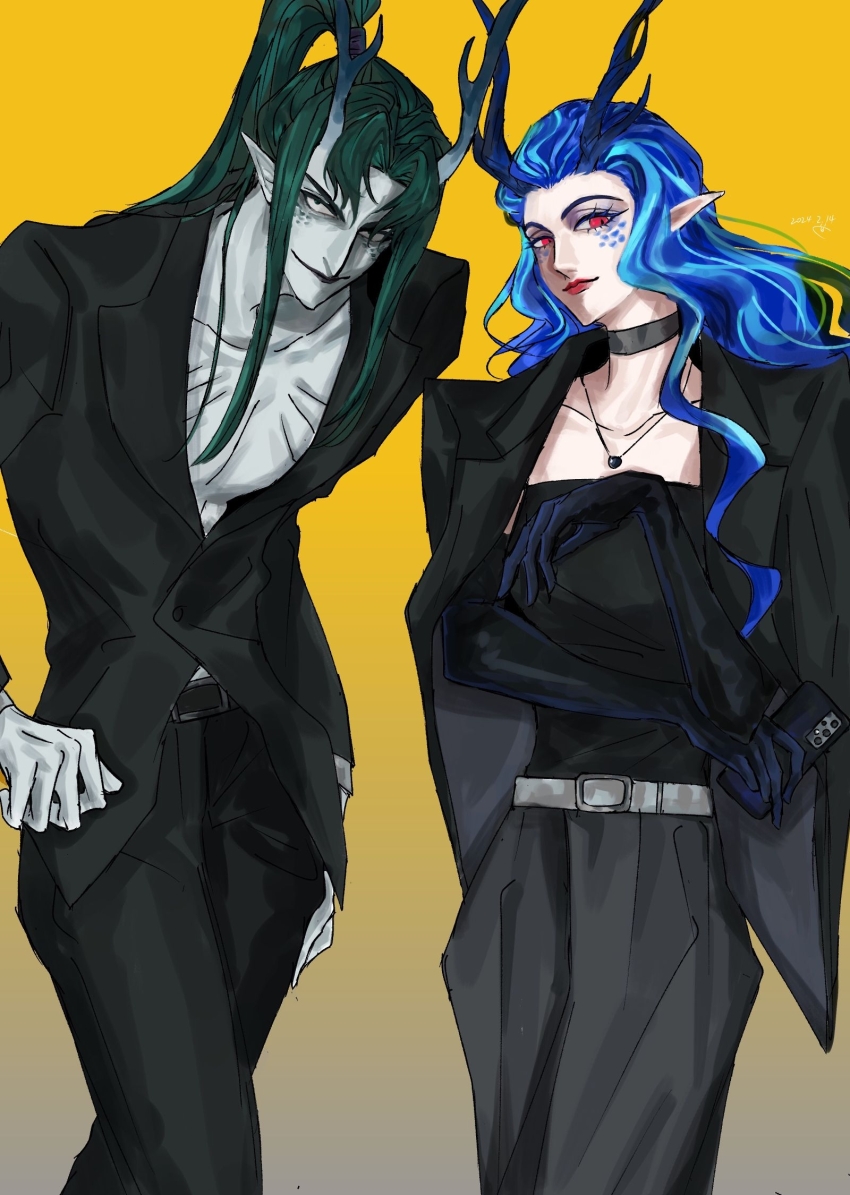 1boy 1girl ao_run_(nezha_zhi_motong_jiangshi) ao_shun_(nezha_zhi_motong_jiangshi) black_suit blue_hair brother_and_sister dragon_boy dragon_girl dragon_horns formal_clothes green_hair highres horns looking_at_viewer nezha_zhi_motong_jiangshi pointy_ears red_eyes siblings suit wuxilinxiang