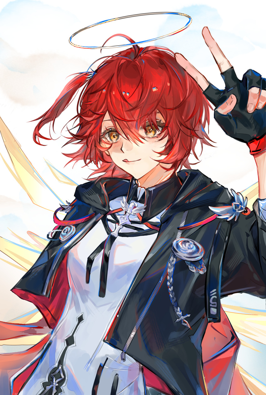 1girl :q absurdres arknights arm_up bai_hai_kong_lu black_gloves black_jacket chinese_commentary closed_mouth collared_dress commentary_request contrast_collar crop_top cropped_jacket dress exusiai_(arknights) exusiai_the_new_covenant_(arknights) fingerless_gloves fingernails gloves hair_between_eyes halo highres jacket looking_at_viewer multicolored_halo one_side_up red_hair short_hair smile solo tongue tongue_out traditional_halo white_dress yellow_eyes