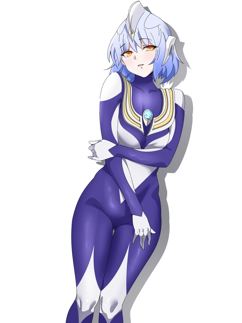 1girl absurdres armor bob_cut bodysuit breastplate breasts chinese_commentary collarbone color_timer commentary contrapposto cowboy_shot crystal dorsal_fin drop_shadow forehead_jewel genderswap genderswap_(mtf) hair_between_eyes hand_on_own_arm hand_on_own_thigh headgear highres humanization knees_together_feet_apart light_smile looking_at_viewer multicolored_bodysuit orange_eyes parted_lips purple_bodysuit purple_hair short_hair silver_bodysuit simple_background skin_tight small_breasts solo standing tokusatsu ultra_series ultraman_tiga ultraman_tiga_(series) ultraman_tiga_(sky_type) white_background yi_(user_jwth4284)