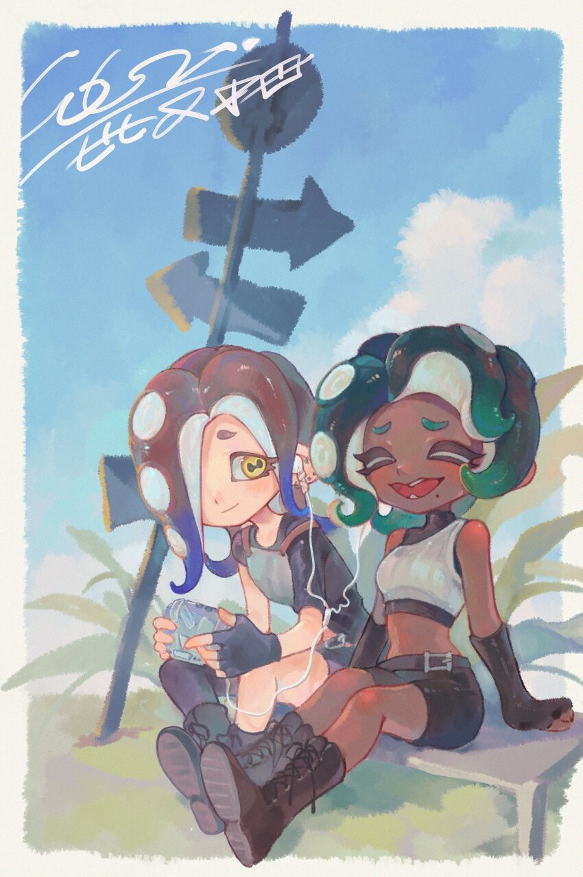 2girls alternate_hair_length alternate_hairstyle black_gloves black_hair black_skirt blue_hair blue_sky boots border cephalopod_eyes closed_eyes closed_mouth cloud cloud_strife cloud_strife_(cosplay) commentary_request cosplay crop_top cross-laced_footwear dark-skinned_female dark_skin dedf1sh ear_piercing earbuds earphones eyelashes final_fantasy final_fantasy_vii furrowed_brow gloves gradient_hair green_hair hair_over_one_eye highres liang_cun_rakuna marina_(splatoon) marina_(young)_(splatoon) medium_hair miniskirt mole mole_under_mouth multicolored_hair multiple_girls nintendo octoling open_mouth outdoors outside_border pencil_skirt piercing red_hair road_sign shared_earphones short_hair sign sitting skirt sky smile splatoon_(series) splatoon_3 splatoon_3:_side_order teeth tentacle_hair tifa_lockhart tifa_lockhart_(cosplay) two-tone_hair white_border