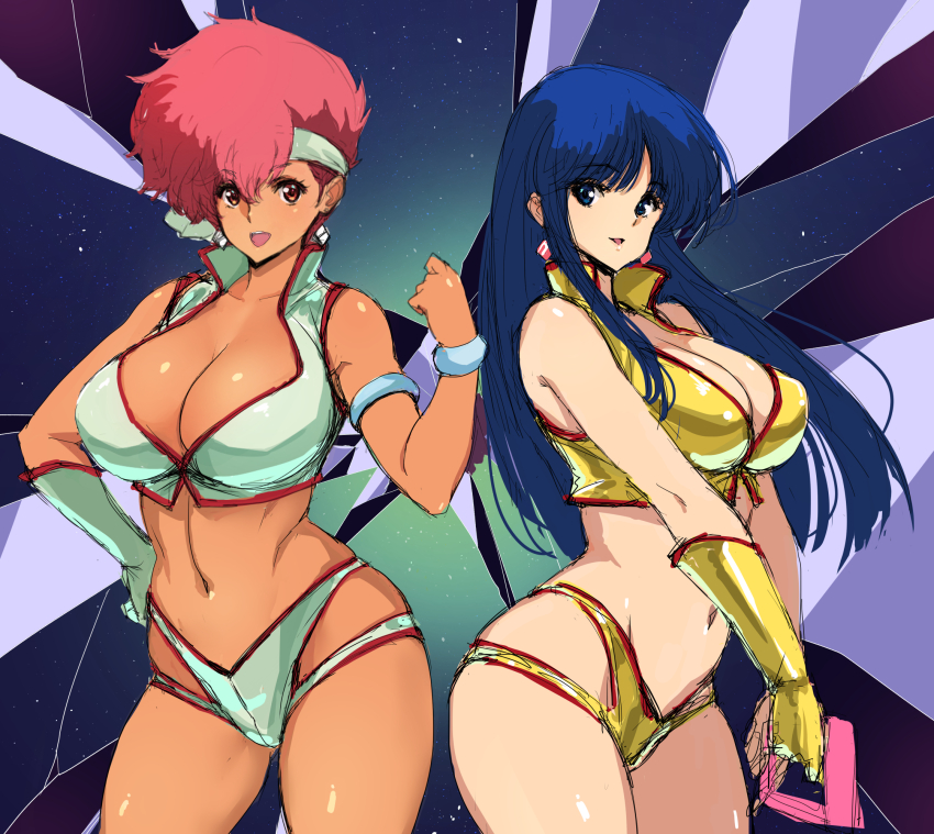 1980s_(style) 2girls blue_eyes blue_hair breasts cleavage crop_top dark_skin dirty_pair earrings energy_gun gloves gun headband highres holster jewelry kei_(dirty_pair) long_hair looking_at_viewer midriff multiple_girls navel oldschool open_mouth poin_(hidsuki) ray_gun red_eyes red_hair retro_artstyle short_hair single_glove smile weapon yellow_gloves yuri_(dirty_pair)
