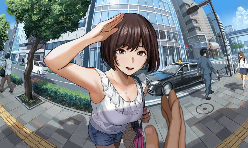 1girl :d absurdres arm_up armpits bag bare_shoulders blue_sky breasts brown_eyes brown_hair building car city cleavage cloud collarbone commentary day denim denim_shorts facing_viewer fisheye frills handbag highres jewelry lamppost looking_at_viewer medium_breasts motor_vehicle necklace open_mouth original outdoors pedestrian_lights purple_ribbon ribbon road road_sign salute scenery shadow shirt short_hair short_shorts shorts sidewalk sign sky sleeveless sleeveless_shirt smile solo_focus street taxi tree urasuji_samurai van