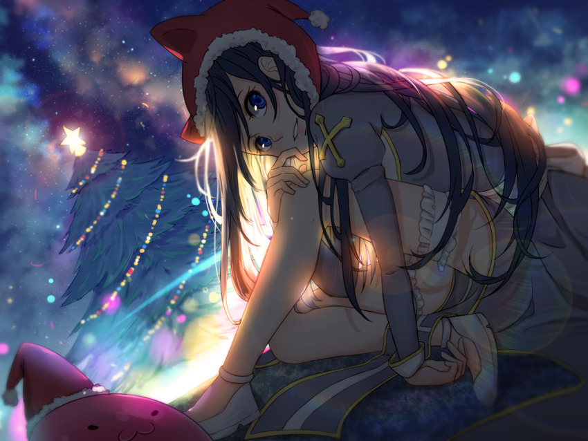 1girl :3 black_hair blue_eyes christmas christmas_tree commentary cross dress english_commentary frilled_thigh_strap full_body galaxy grey_dress grin hat high_priest_(ragnarok_online) juliet_sleeves leaning_forward lens_flare long_sleeves looking_at_viewer mayunnaize outdoors poring puffy_sleeves ragnarok_online red_hat santa_hat shoes sitting sky slime_(creature) smile solo star_(sky) starry_sky thigh_strap tree white_shoes