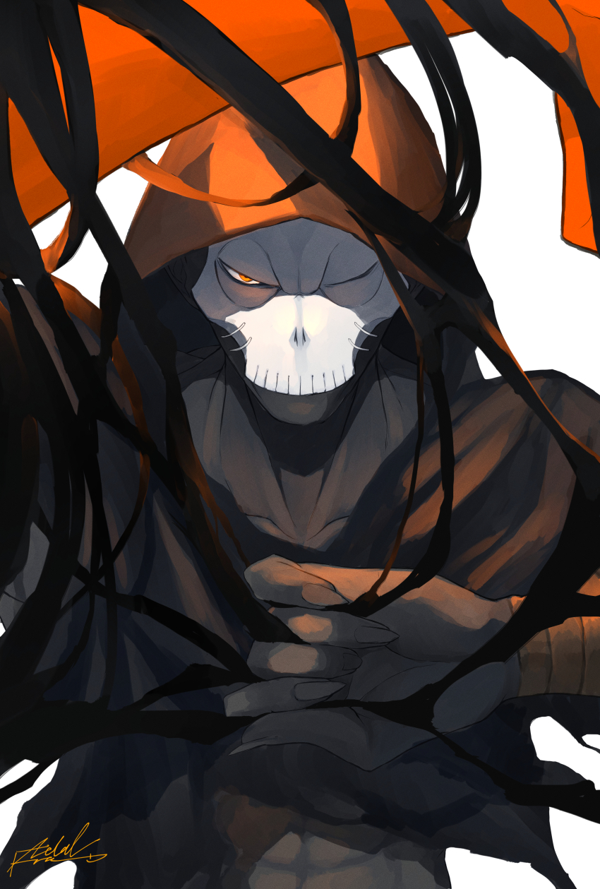 1boy absurdres black_skin colored_skin fate/stay_night fate_(series) fingernails glowing glowing_hand hassan_of_the_cursed_arm_(fate) highres hood male_focus mask metalfrog orange_eyes signature skull_mask solo