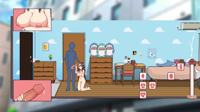 02_studios 1boy 1girl 2025 bed bed_sheet bedroom breasts completely_nude cum cum_on_body cum_on_hair delivery_hot drawer facial game_cg game_screenshot gameplay_mechanics hand_on_another&#039;s_head handjob highres large_breasts long_hair mangopartygames nao_(delivery_hot) nipples nude penis pixel_art pixelated_text shark stuffed_animal stuffed_toy testicles toy video_game virgin virgin_female visual_novel