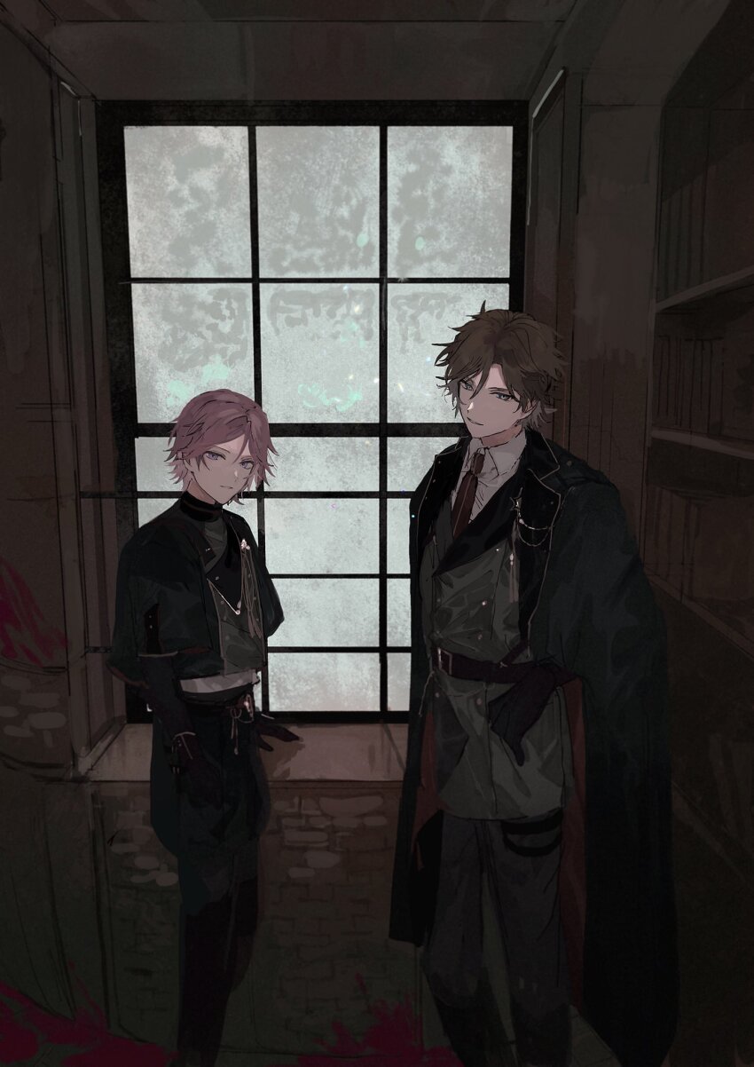 22kolink 2boys belt cape capelet coat collared_shirt double_face_(ensemble_stars!) ensemble_stars! formal_clothes highres indoors jacket long_sleeves mikejima_madara military_uniform multiple_boys necktie oukawa_kohaku pants pink_hair red_necktie shirt short_hair suit window