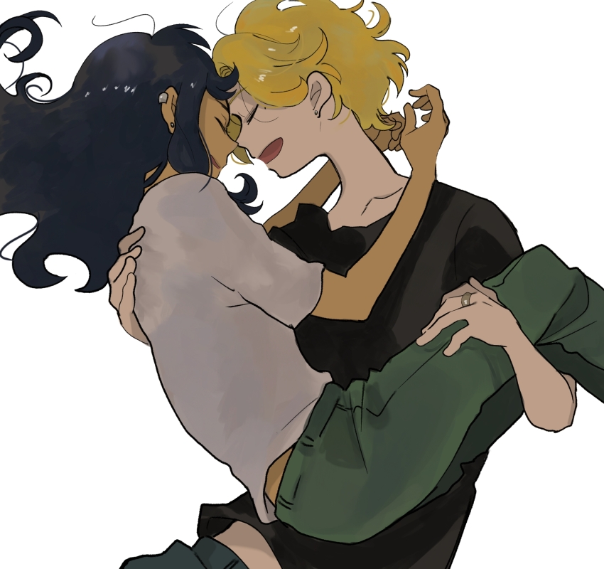 2girls aged_up amphibia black_hair black_shirt blonde_hair carrying closed_eyes ear_piercing earrings green_pants grey_shirt heads_together highres jewelry long_hair marcy_wu mole mole_under_eye multiple_girls pants parted_lips piercing princess_carry ring samui522 sasha_waybright shirt short_hair smile white_background yuri