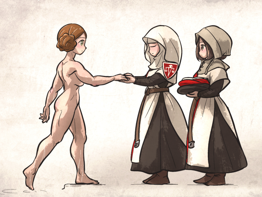 3girls arm_shield ass barefoot belt black_dress boots braid braided_bun breasts brown_boots brown_eyes brown_hair closed_mouth coat commentary completely_nude dress english_commentary feet green_eyes habit hair_bun holding holding_hands holding_unworn_clothes ironlily lady_johnna_(ironlily) looking_to_the_side medieval medium_breasts multicolored_coat multiple_girls muscular muscular_female nude nun ordo_mediare_sisters_(ironlily) pool ripples simple_background standing standing_on_one_leg two-tone_coat walking water wet wimple