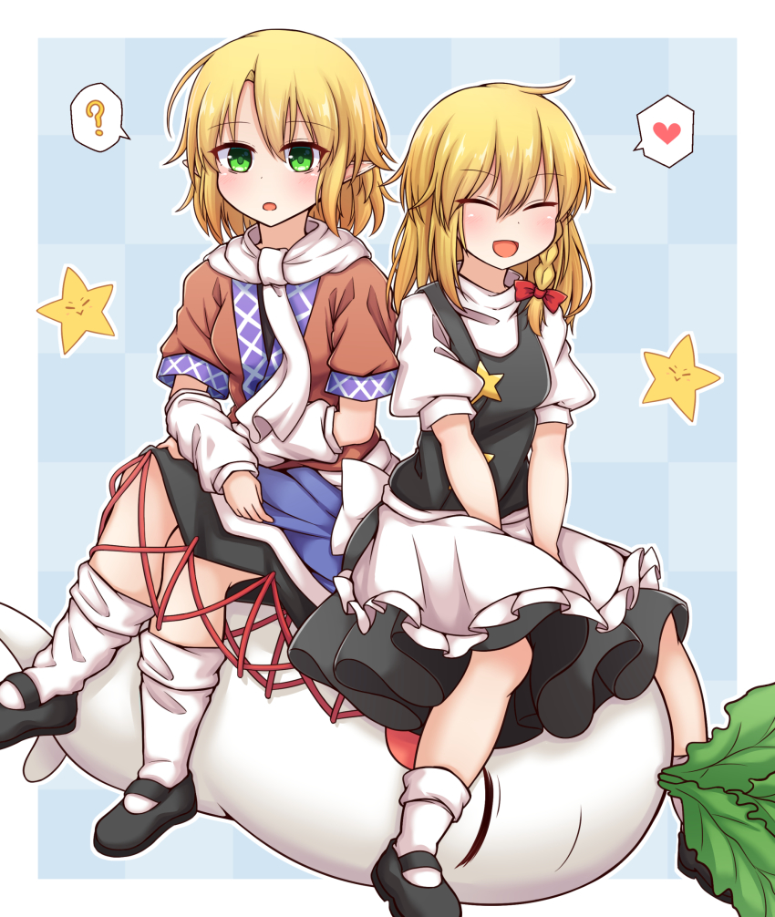 2girls ? apron arm_warmers black_dress black_footwear black_shirt black_skirt blonde_hair border bow braid breasts brown_jacket closed_eyes commentary cookie_(touhou) daikon dress full_body green_eyes hair_between_eyes hair_bow heart highres jacket joker_(cookie) kirisame_marisa looking_at_viewer mary_janes medium_hair mizuhashi_parsee multicolored_jacket multiple_girls nb_mgnorkr no_headwear open_mouth pointy_ears ponytail puffy_sleeves radish red_bow reu_daikon sash scarf shirt shoes short_ponytail short_sleeves side_braid single_braid sitting skirt small_breasts smile socks spoken_heart spoken_question_mark star_(symbol) suzu_(cookie) touhou waist_apron white_apron white_border white_legwear white_sash white_scarf white_shirt
