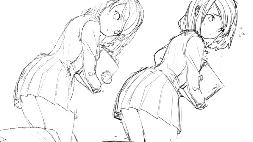 1girl averting_eyes blazer box breasts closed_mouth commentary cowboy_shot doki_doki_literature_club doki_doki_literature_club doki_doki_literature_club_school_uniform dot_mouth dot_nose embarrassed english_commentary flying_sweatdrops from_behind from_side frown game_cg greyscale highres holding holding_box jacket kneehighs leaning_forward long_sleeves looking_to_the_side miniskirt monochrome multiple_views natsuki_(doki_doki_literature_club) nervous non-web_source official_art parted_bangs pleated_skirt production_art raised_inner_eyebrows satchely school_uniform short_hair sidelocks simple_background sketch skirt small_breasts small_sweatdrop socks solo standing standing_on_one_leg surprised tareme thighs unfinished white_background
