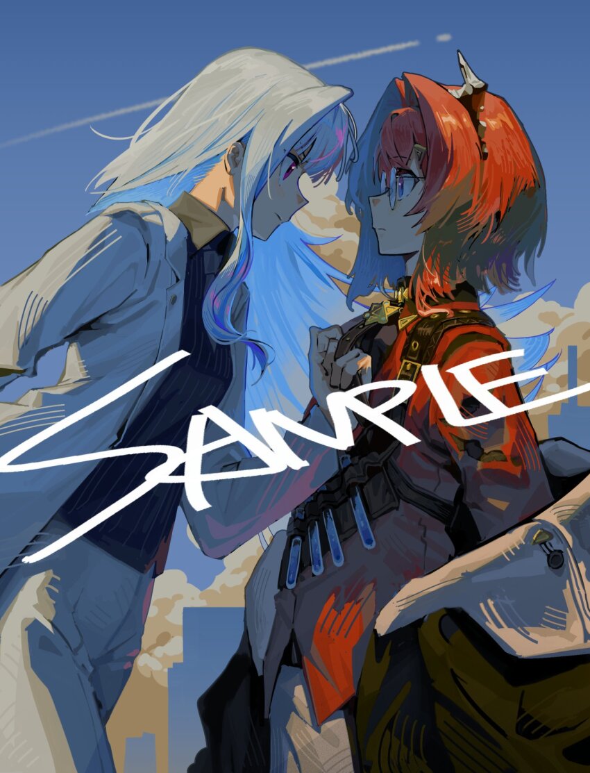 2girls ange_katrina bandolier belt black_coat black_shirt blue_eyes blue_sky chest_harness closed_mouth clothes_grab cloud coat coat_partially_removed collared_shirt commentary commission contrail costume_request english_commentary eye_contact face-to-face formal_clothes from_side glasses gradient_eyes hair_intakes hair_ornament hand_up harness highres jacket lapels lize_helesta long_hair long_sleeves looking_at_another medium_hair multicolored_eyes multiple_girls necktie neckwear_grab nijisanji notched_lapels official_alternate_costume open_clothes open_jacket pants pinstripe_pattern pinstripe_shirt purple_eyes red_hair red_shirt round_eyewear sample_watermark shirt short_necktie sky suit test_tube_holster virtual_youtuber watermark white_hair white_jacket white_pants white_suit zxjv