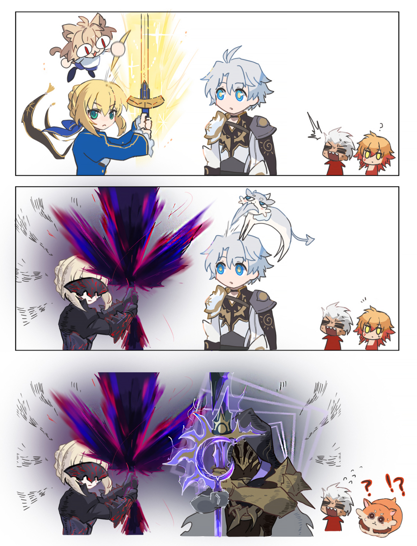 !? 1girl 3boys ahoge archer_(fate) archer_(honkai:_star_rail)_(fate) armor artoria_pendragon_(fate) blonde_hair blue_bow blue_eyes bow cape chimera_(honkai:_star_rail) company_connection crossover dark_persona excalibur_(fate/stay_night) excalibur_morgan_(fate) eye_mask fate/stay_night fate/unlimited_blade_works fate_(series) flame_reaver_of_the_deepest_dark green_eyes hair_bow highres holding holding_sword holding_weapon honkai:_star_rail honkai_(series) mask multiple_boys mydei_(honkai:_star_rail) neco-arc official_alternate_costume phainon_(honkai:_star_rail) qel saber_(fate) saber_(honkai:_star_rail)_(fate) saber_alter shoulder_armor sickle sword tsukihime type-moon weapon white_hair