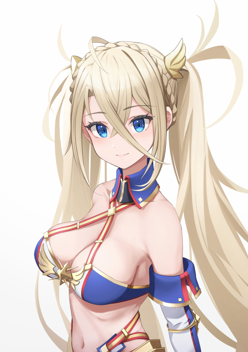 1girl absurdres armor bare_shoulders bikini blonde_hair blue_bikini blue_eyes blue_gloves blush bradamante_(fate) bradamante_(third_ascension)_(fate) braid breasts cleavage crossed_bangs crown_braid elbow_gloves fate/grand_order fate_(series) faulds gloves gold_trim hair_between_eyes highleg highleg_bikini highres large_breasts long_hair looking_at_viewer multicolored_bikini navel smile solo swimsuit twintails two-tone_bikini two-tone_gloves very_long_hair white_bikini white_gloves yuniyuni