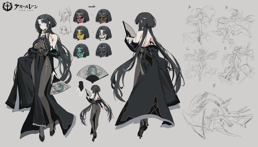 1girl absurdres ass azur_lane character_request chyan colored_inner_hair copyright_logo dragon_print folding_fan green_eyes green_hair grey_background hand_fan highres long_hair mask multicolored_hair official_art paper_fan see-through_clothes solo
