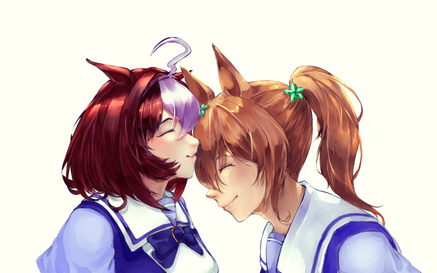 2girls ahoge alreathes_art animal_ears blush bow bowtie breasts brown_hair closed_eyes closed_mouth double-parted_bangs ear_ribbon hair_between_eyes hair_ornament hairband horse_ears horse_girl long_hair medium_hair meisho_doto_(umamusume) multicolored_hair multiple_girls pink_hairband ponytail purple_bow purple_bowtie purple_shirt sailor_collar sailor_shirt school_uniform shirt short_hair simple_background smile star_(symbol) star_hair_ornament taiki_shuttle_(umamusume) tracen_school_uniform two-tone_hair umamusume upper_body white_background white_hair white_sailor_collar yuri