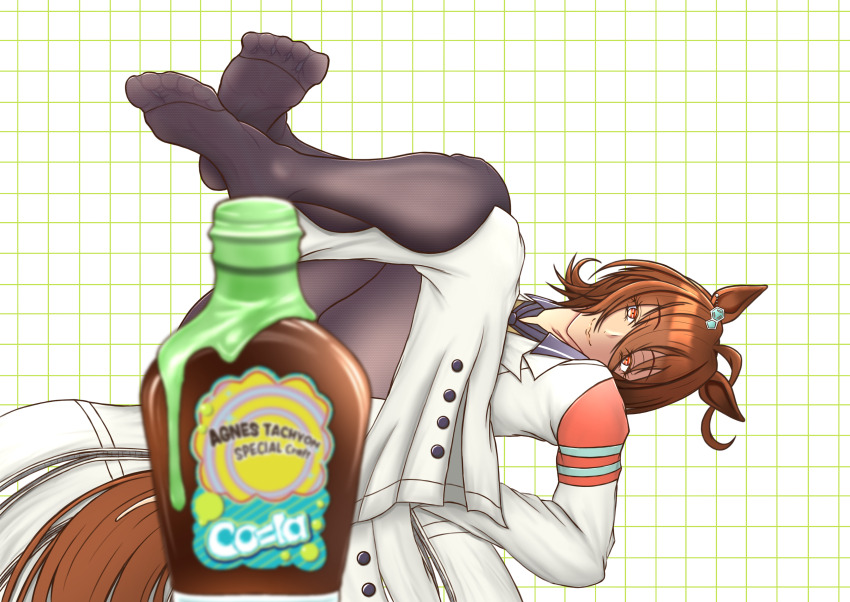 1girl absurdres agnes_tachyon_(umamusume) animal_ears brown_eyes brown_hair feet feet_up glycogen highres horse_ears horse_girl horse_tail looking_at_viewer lying medium_hair on_back pantyhose smile soles tail toes umamusume