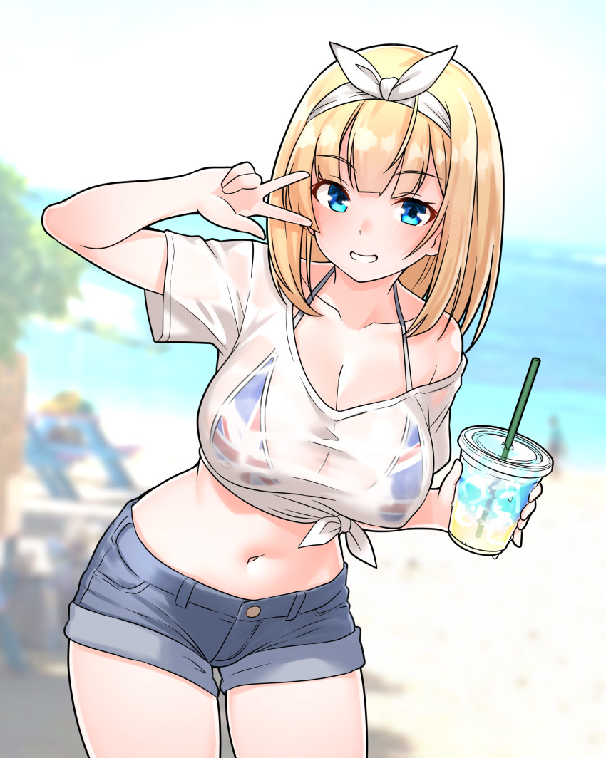 1girl absurdres beach bikini bikini_top_only bikini_under_clothes blonde_hair blue_eyes blush bow bow_hairband commentary_request cup disposable_cup drinking_straw furaggu_(frag_0416) grey_shorts grin hairband highres holding holding_cup kantai_collection looking_at_viewer medium_hair navel ocean outdoors rodney_(kancolle) see-through_clothes see-through_shirt shirt short_shorts shorts smile solo stomach swimsuit teeth thighs tied_shirt union_jack_bikini variant_set w white_bow white_hairband white_shirt