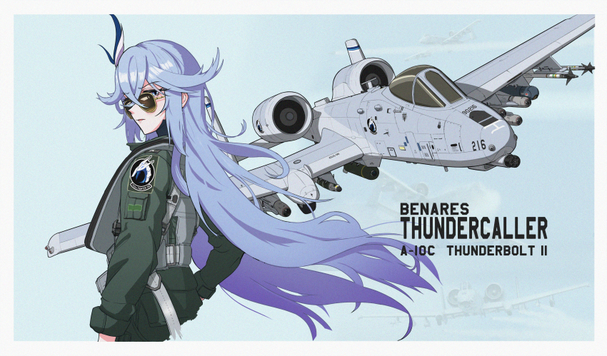 1girl a-10_thunderbolt_ii absurdres aerial_bomb agm-65_maverick aim-9_sidewinder air-to-surface_missile aircraft airplane autocannon aviator_sunglasses bella_(honkai_impact) benares_(honkai_impact) bl755 blue_eyes bomb cannon character_name cluster_bomb explosive f16cblock50 gatling_gun gau-8_avenger green_jacket hair_between_eyes hair_ornament highres honkai_(series) honkai_impact_3rd jacket laser-guided_bomb long_hair missile multiple-barrel_gun paveway precision-guided_munition rotary_cannon simple_background solo sunglasses tongue tongue_out upper_body