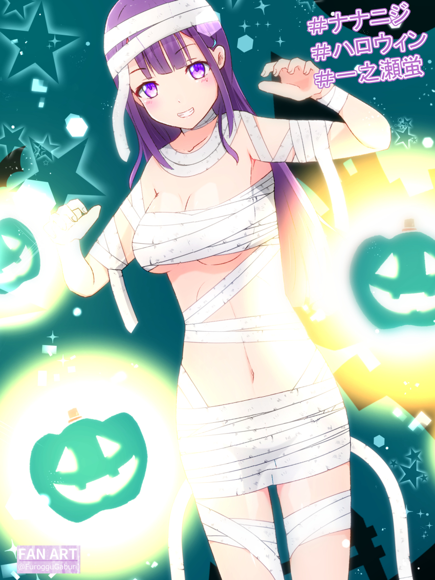 1girl 22/7 absurdres artist_name bandage_on_hair bandaged_arm bandaged_chest bandaged_leg bandages blush breasts center-flap_bangs character_name claw_pose cleavage commentary_request dutch_angle fanged_bangs furoggu-gaburi grin hair_ornament halloween halloween_costume highres ichinose_hotaru jack-o&#039;-lantern long_hair looking_at_viewer mummy_costume navel outdoors purple_eyes purple_hair smile solo sparkle standing teeth