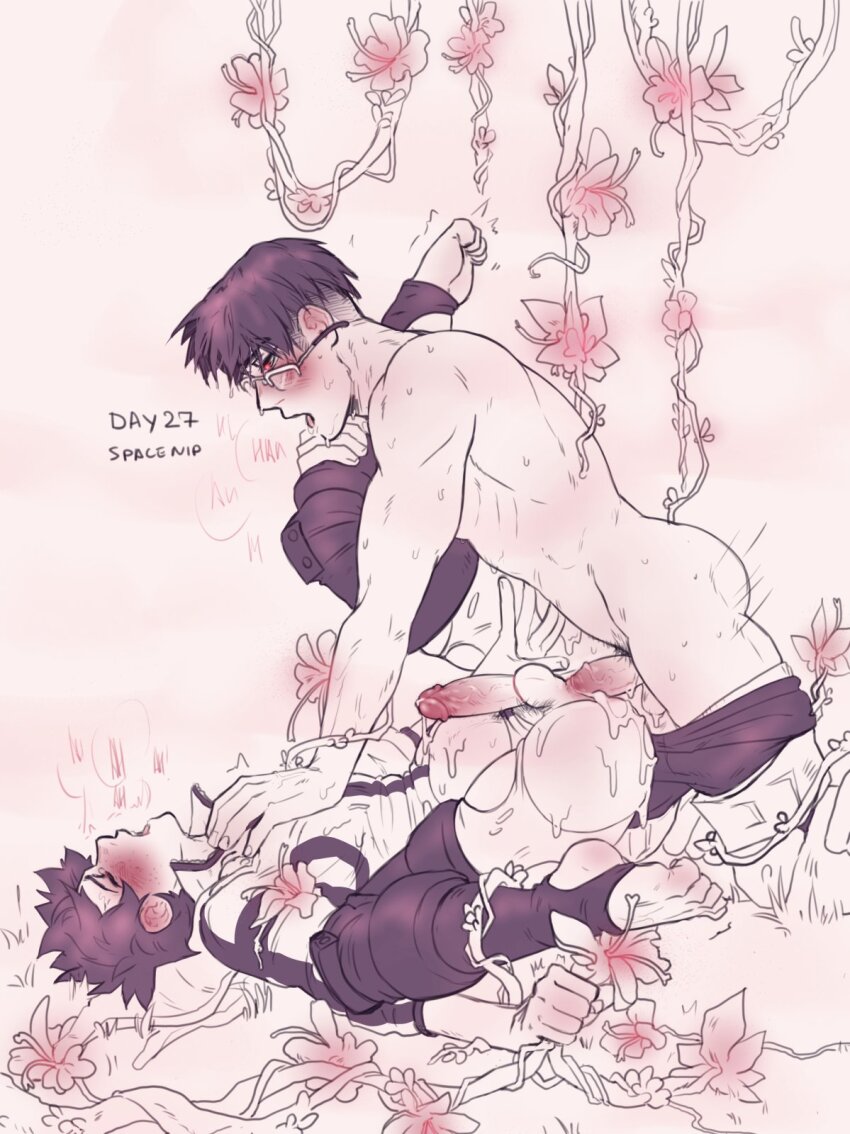 2boys ass blush boku_no_hero_academia boxers clothes_pull cum cum_inflation ejaculating_while_penetrated ejaculation erection flower flower_request from_side glasses highres iida_tenya inflation male_focus male_penetrated male_pubic_hair male_underwear midoriya_izuku moaning multiple_boys open_mouth pants pants_pull penis pubic_hair rectangular_eyewear semi-rimless_eyewear sex spacenipnops underwear yaoi