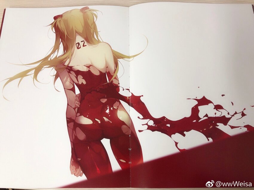 1girl ask_(askzy) ass bare_shoulders blood blood_splatter from_behind hair_ornament long_hair neon_genesis_evangelion orange_hair solo souryuu_asuka_langley standing tattoo twintails white_background