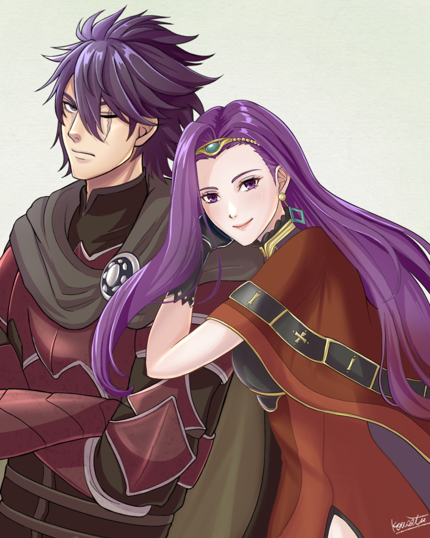 1boy 1girl breasts brown_cape cape capelet circlet crossed_arms deen_(fire_emblem_gaiden) dress earrings fire_emblem fire_emblem_echoes:_shadows_of_valentia head_on_another&#039;s_shoulder highres jewelry kousetu0506 long_hair looking_at_viewer medium_breasts messy_hair nintendo one_eye_closed purple_hair red_capelet red_dress scar scar_across_eye scar_on_face smile sonya_(fire_emblem_gaiden)